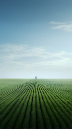 Lonely man standing on a green field with blue sky backgroundの素材
