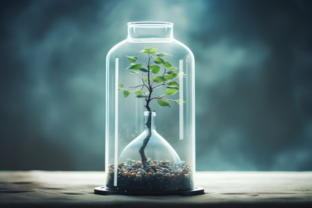 Plant in a glass vase on a wooden table. Ecology conceptの素材