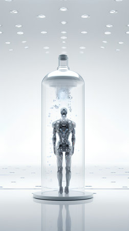 Humanoid robot inside a glass jar with water. 3D renderingの素材