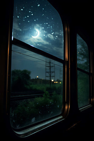 A view from the window of a train at night with a full moon and stars.の素材