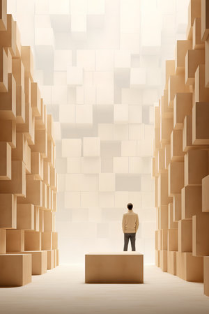 Businessman standing in front of a wall with cubes and looking at itの素材
