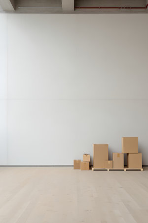 Empty room with cardboard boxes on pallets. 3D Renderingの素材