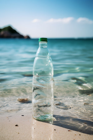 Bottle of clean water on the sand beach with sea background.の素材