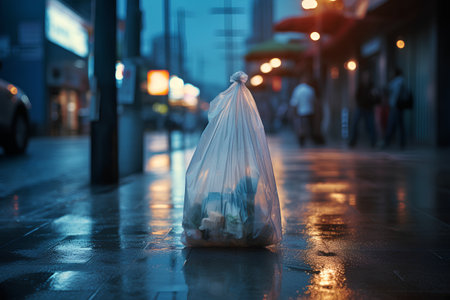 Garbage bag on the street at night, concept of environmental pollution.の素材