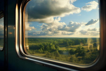 View from the window of the train on the forest and cloudy skyの素材