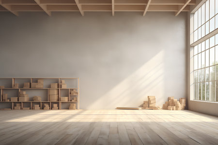 Empty room with bookshelf and wooden boxes, 3d renderの素材