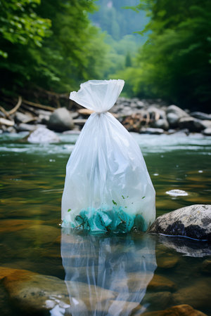 Plastic bag with garbage on the background of a mountain river.の素材