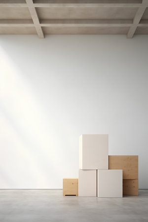 Wooden boxes on a white wall in a room. 3d renderingの素材