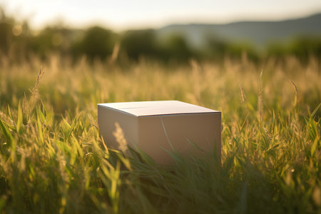 Cardboard box on a green meadow at sunset. 3d renderingの素材