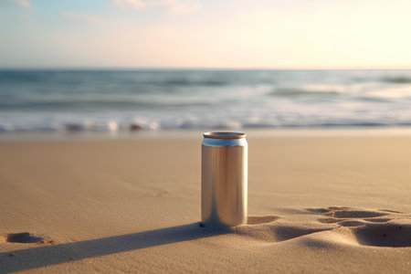 Aluminum can on the sand with sea and sunset sky background.の素材