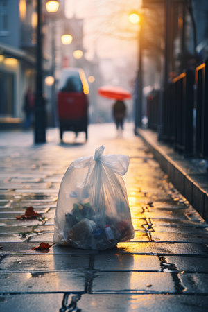 Garbage in a plastic bag on a city street at sunset. Selective focus.の素材