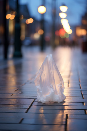 Garbage on the sidewalk in the city at night. Selective focus.の素材