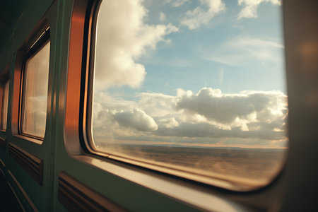 View from the window of an old train with clouds in the skyの素材