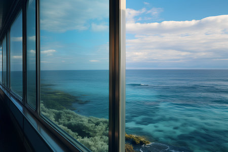 Sea view from the window of a modern hotel. 3d renderingの素材
