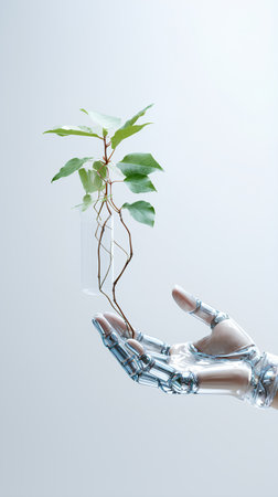 3d render robotic hand holding green plant in test tube on grey backgroundの素材