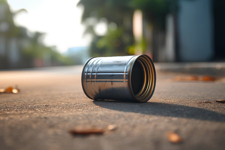 Metal trash can on the road in the city. Conceptual image.の素材