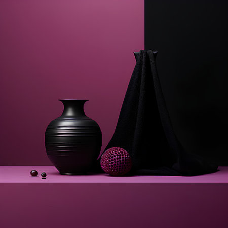 3d render, black vase with black cloth and ball on a purple backgroundの素材