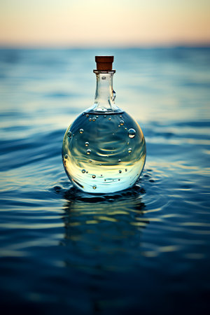 Bottle with oil on the water surface. Conceptual photo.の素材