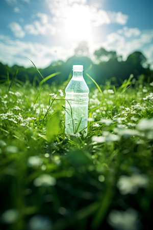 Plastic bottle on green grass with nature background. Ecology concept.の素材