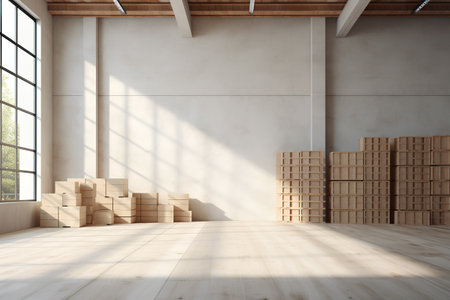 Interior of empty warehouse with wooden boxes. 3D Renderingの素材