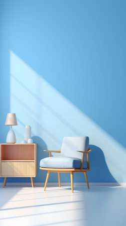 Interior of modern living room with blue walls, wooden floor, blue armchair and coffee table. 3d renderingの素材
