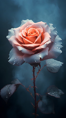 Beautiful rose with dew drops on a dark blue background.の素材