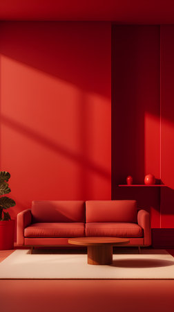 Red living room interior with a red sofa, a coffee table and a potted plant. 3d renderingの素材