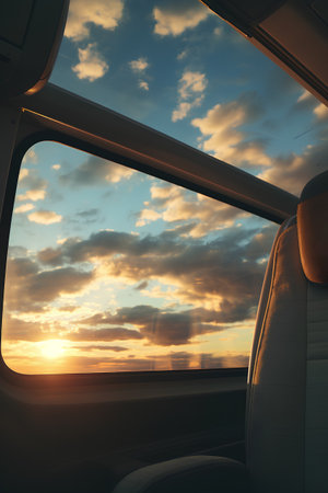 View from the window of a passenger car during sunset. 3d renderingの素材