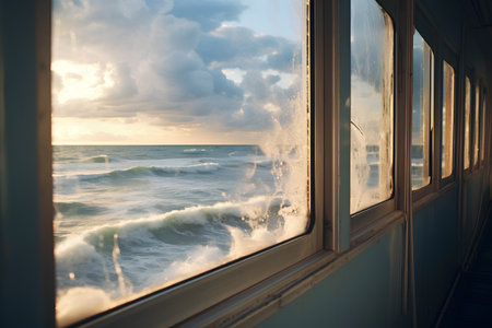 Waves breaking on the window of a cruise ship at sunset.の素材