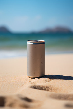 Aluminum can of soda drink on the sand beach with sea backgroundの素材