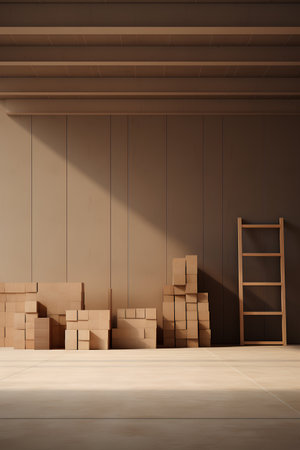 3d rendering of a wooden room with a ladder and boxes on the floorの素材