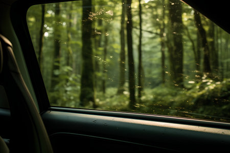 View from the car window to the green forest. Selective focus.の素材
