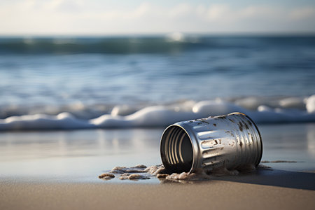 Garbage on the beach with sea background. 3d illustration.の素材