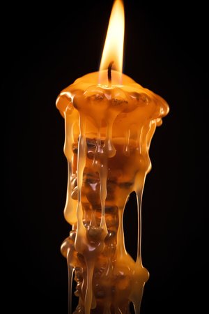 Burning wax candle on a black background. Close-up.の素材