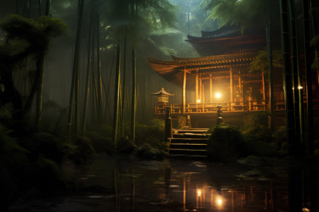 Traditional chinese temple in the forest at night with fog and lightの素材