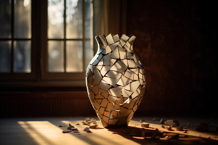 Broken vase on the windowsill. 3d illustration.の素材
