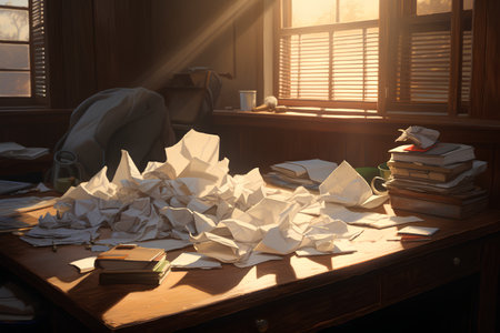 A lot of crumpled papers and books on a wooden table. 3d renderingの素材