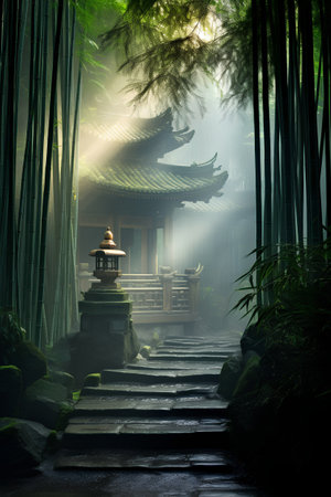 Mystical temple in the bamboo forest. 3D rendering.の素材