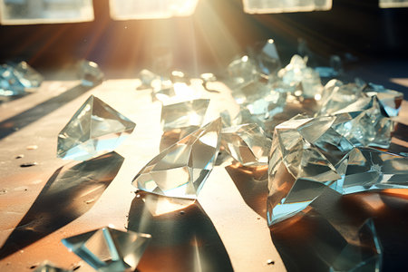 Broken glass on the table in the rays of the sun.の素材