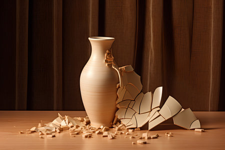 Wooden vase with broken pieces of paper on the table.の素材
