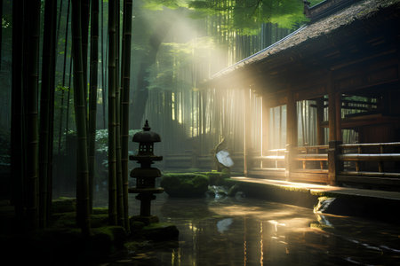 Beautiful japanese temple in the morning light with reflection.の素材