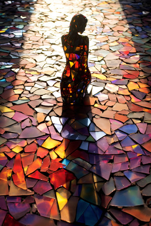 Silhouette of a beautiful woman in stained glass window at sunsetの素材