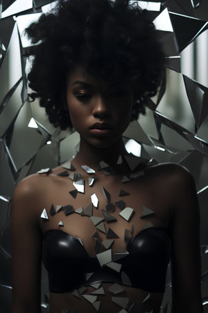 Beautiful african american woman with afro hairstyle wearing black lingerieの素材