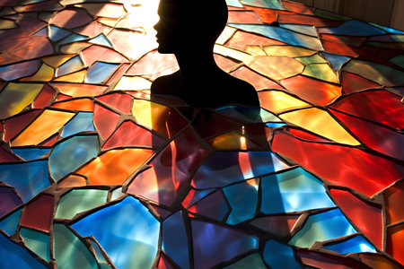 Silhouette of a woman in a stained glass window. 3D renderingの素材
