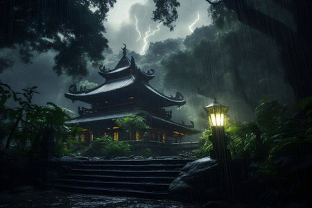 Pagoda in the jungle with light and rain. 3d renderingの素材