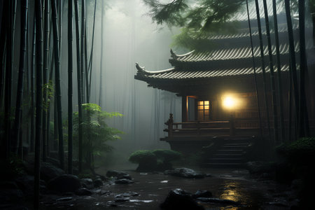 Beautiful Chinese Temple in the misty forest at night. 3d renderingの素材