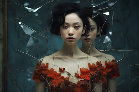 Beautiful asian woman with creative make up and red poppiesの素材