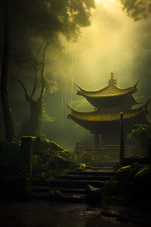 Pagoda in the misty forest. 3D rendering.の素材