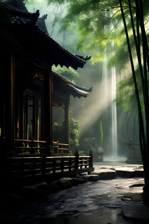 Chinese temple in the forest with fog and sunbeams at nightの素材