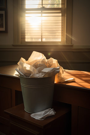 Crumpled paper in a trash can on a wooden table in a courtroomの素材